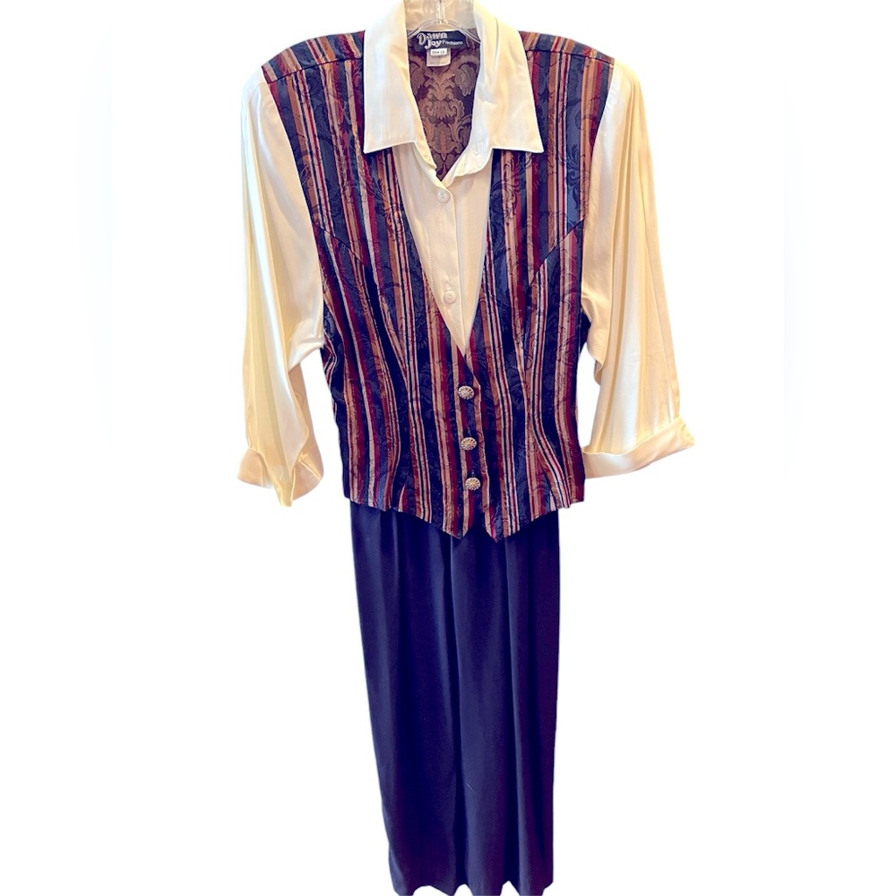 One Piece Vintage Navy/Cream 3/4 Sleeve Dress with Striped Vest by Dawn Joy.  12